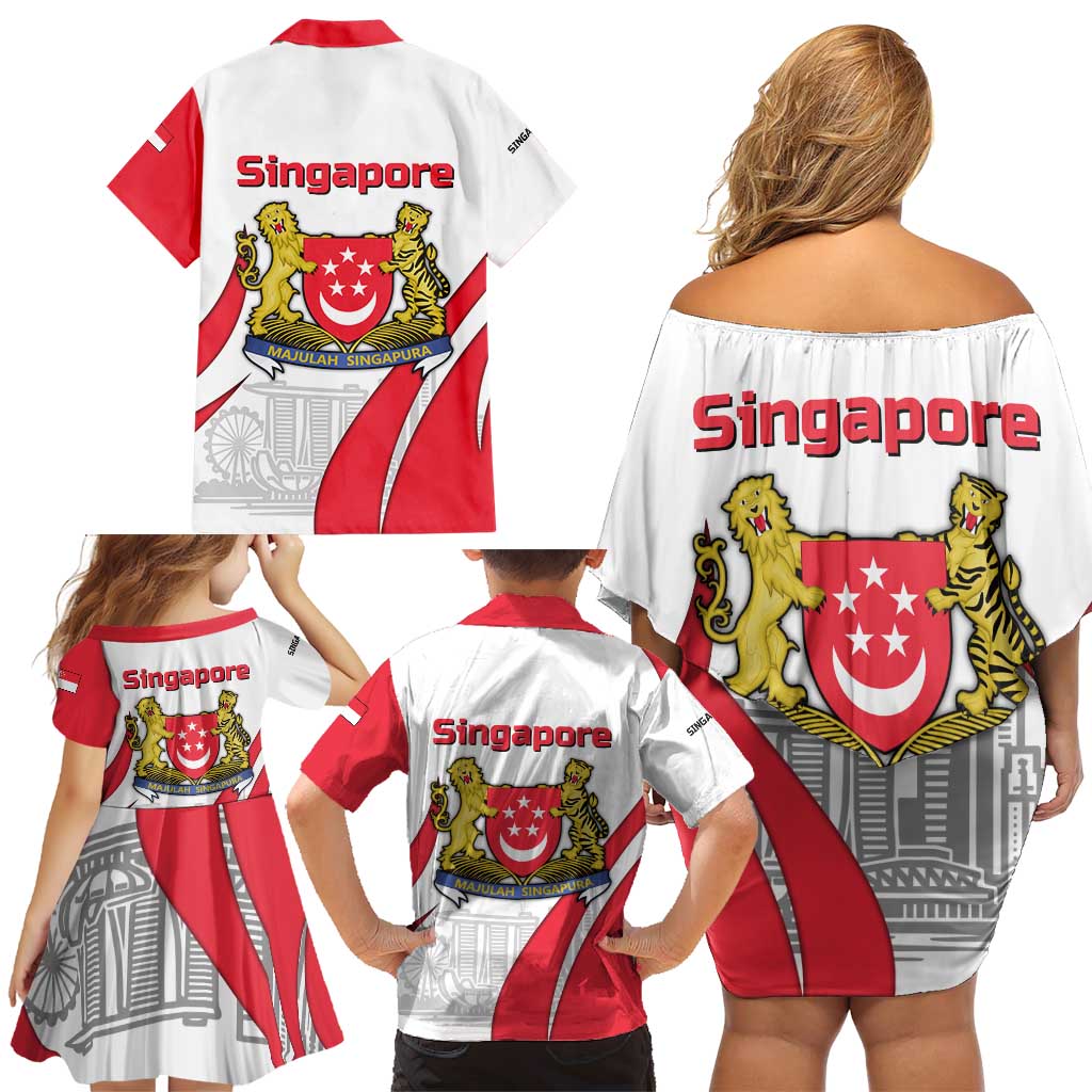 Singapore National Crest Family Matching Off Shoulder Short Dress and Hawaiian Shirt with City Skyline and Lion Design