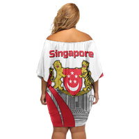 Singapore National Crest Family Matching Off Shoulder Short Dress and Hawaiian Shirt with City Skyline and Lion Design