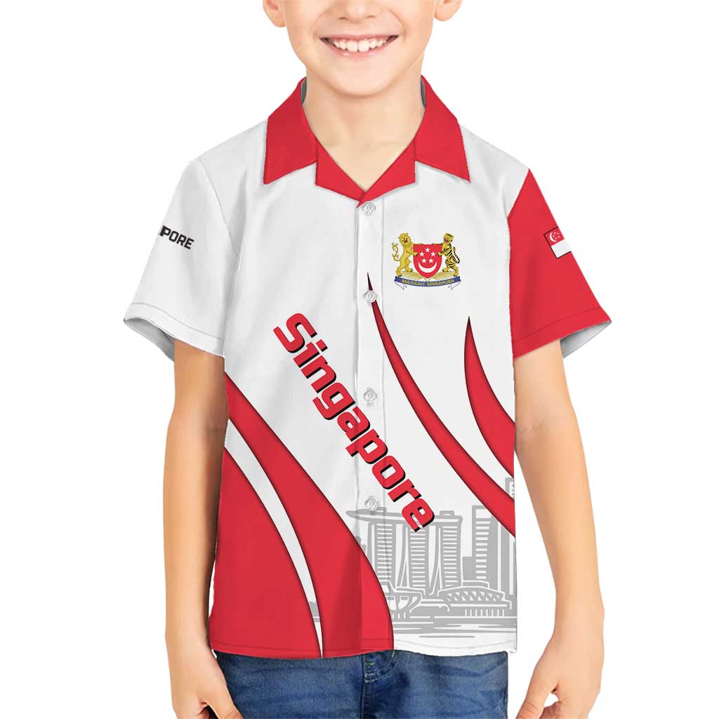 Singapore National Crest Family Matching Off Shoulder Short Dress and Hawaiian Shirt with City Skyline and Lion Design