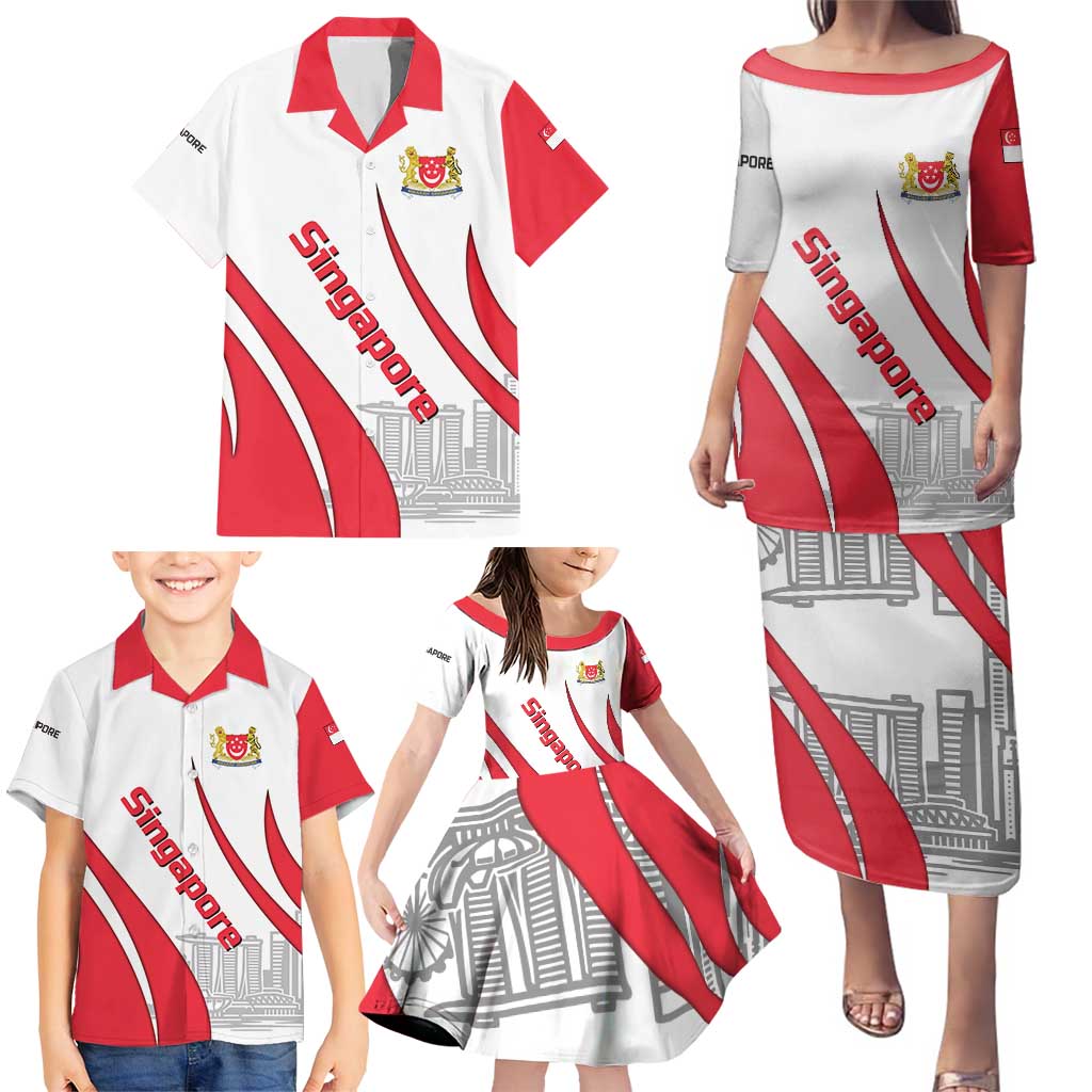 Singapore National Crest Family Matching Puletasi and Hawaiian Shirt with City Skyline and Lion Design