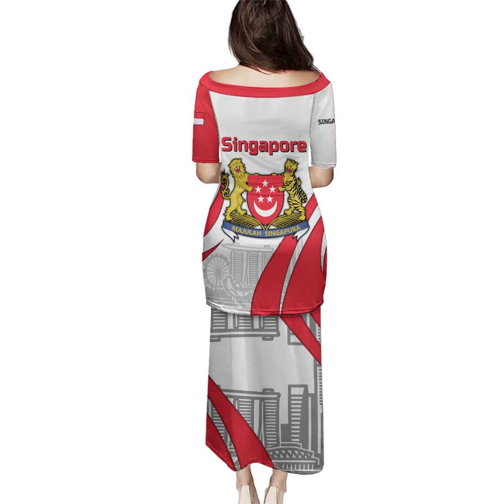 Singapore National Crest Family Matching Puletasi and Hawaiian Shirt with City Skyline and Lion Design