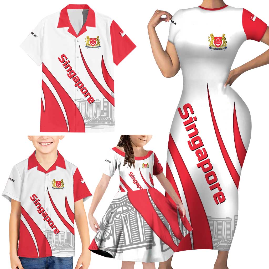 Singapore National Crest Family Matching Short Sleeve Bodycon Dress and Hawaiian Shirt with City Skyline and Lion Design