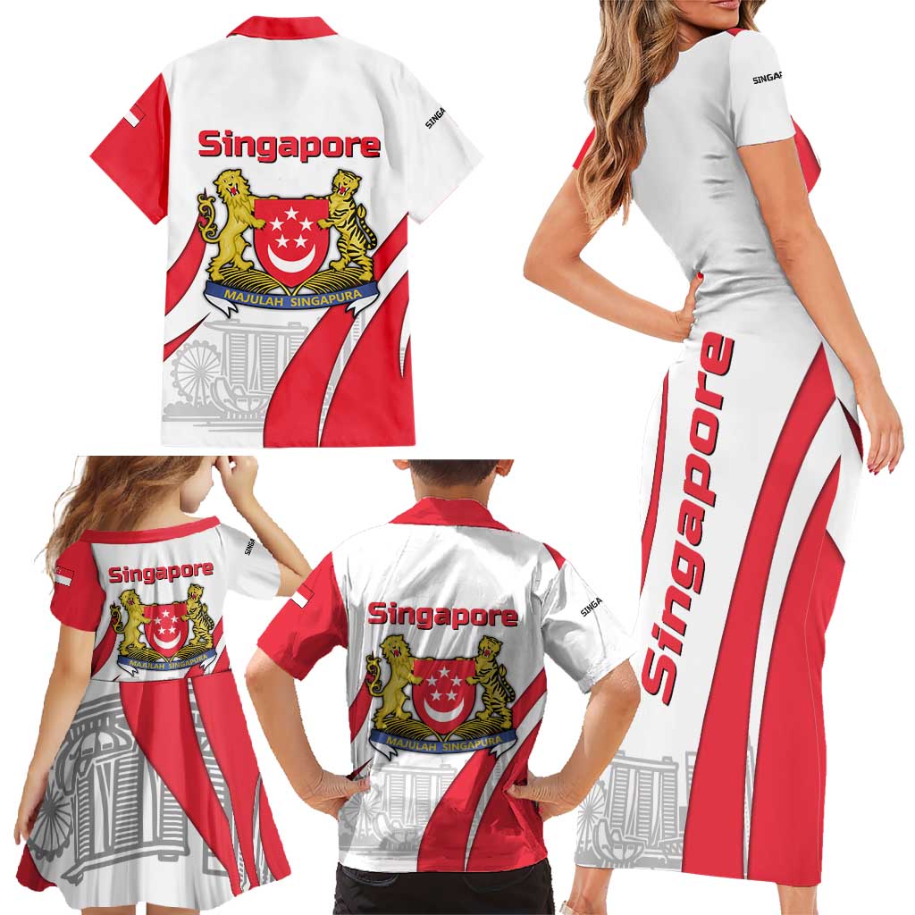 Singapore National Crest Family Matching Short Sleeve Bodycon Dress and Hawaiian Shirt with City Skyline and Lion Design