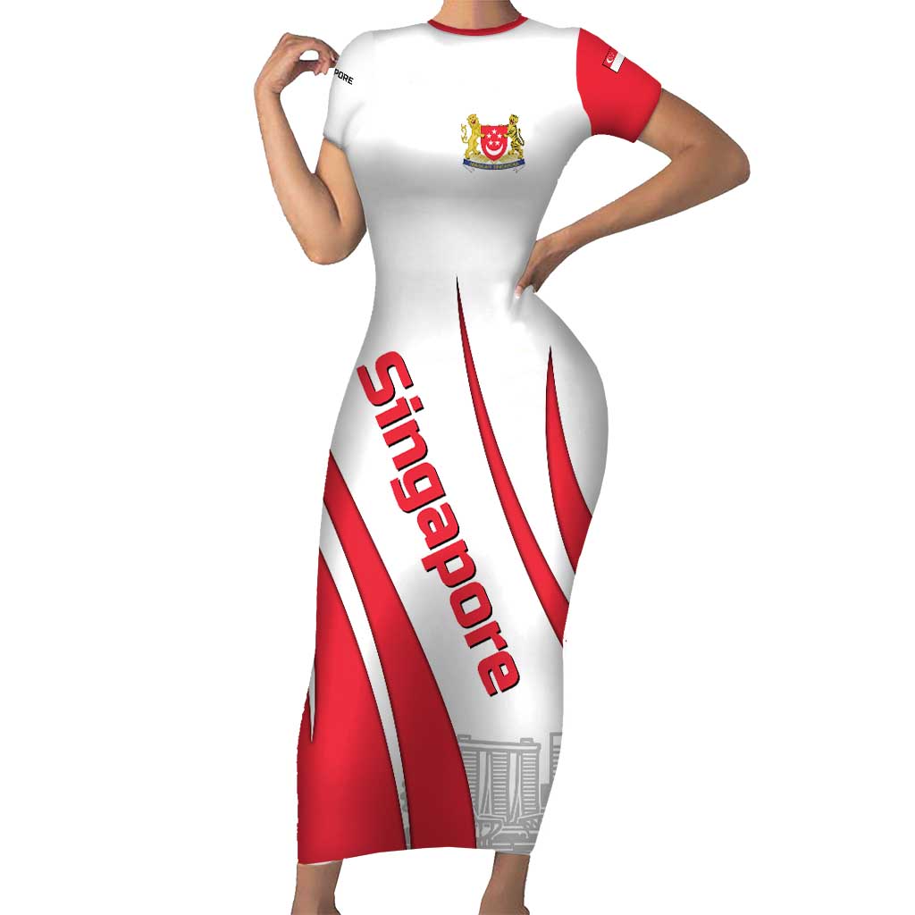 Singapore National Crest Family Matching Short Sleeve Bodycon Dress and Hawaiian Shirt with City Skyline and Lion Design