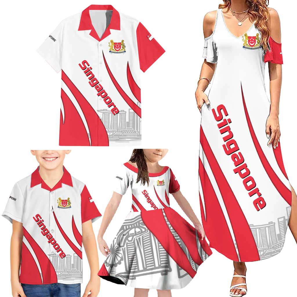Singapore National Crest Family Matching Summer Maxi Dress and Hawaiian Shirt with City Skyline and Lion Design