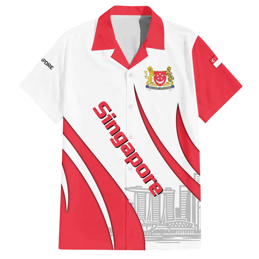 Singapore National Crest Family Matching Summer Maxi Dress and Hawaiian Shirt with City Skyline and Lion Design