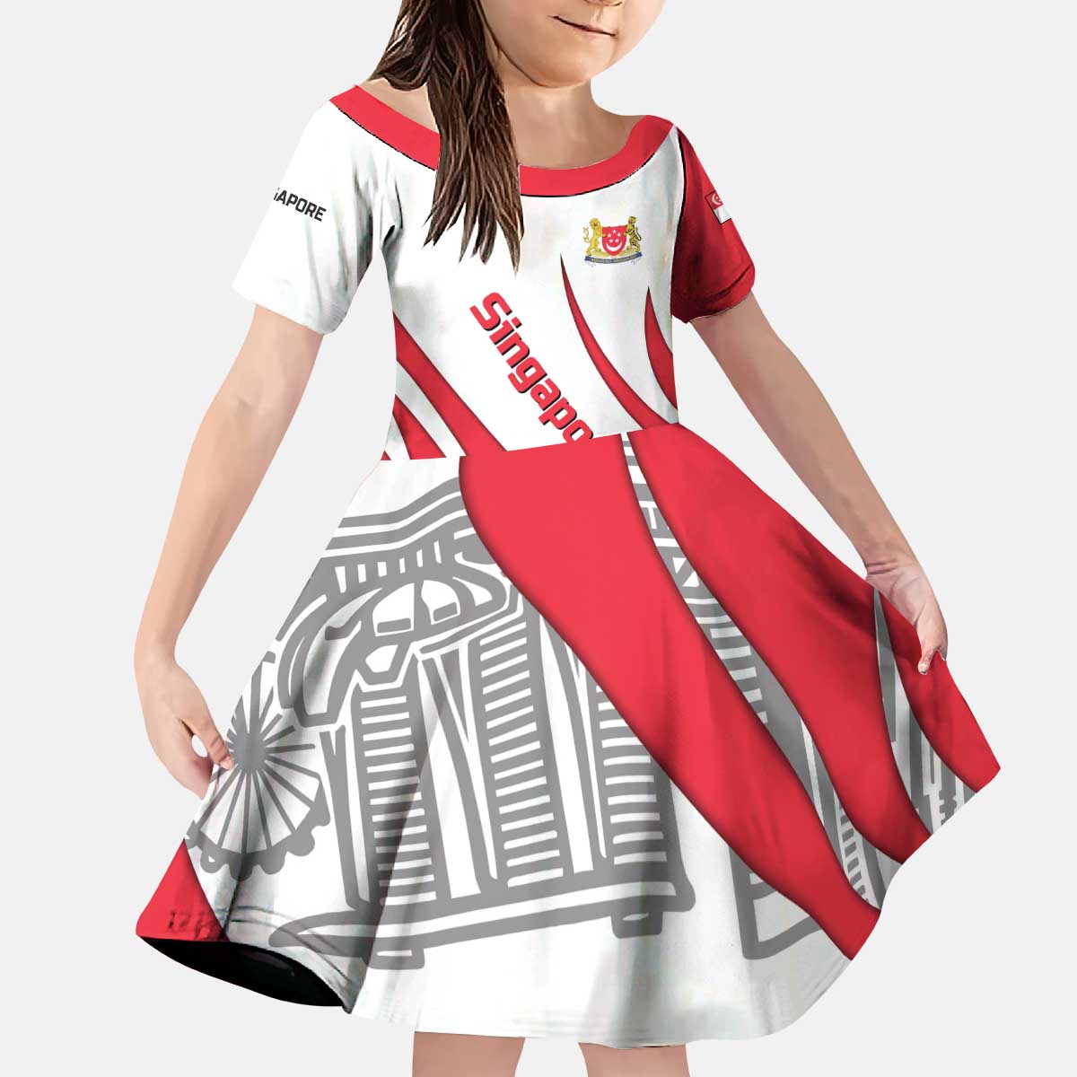 Singapore National Crest Kid Short Sleeve Dress with City Skyline and Lion Design