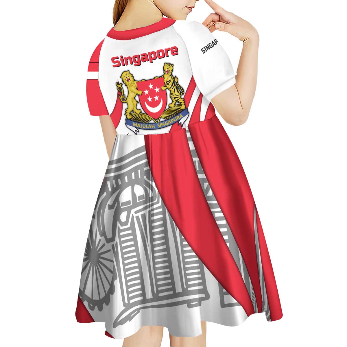 Singapore National Crest Kid Short Sleeve Dress with City Skyline and Lion Design
