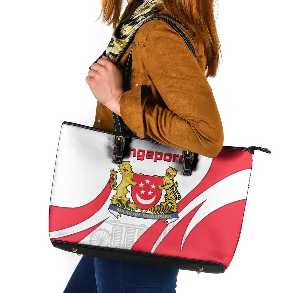 Singapore National Crest Leather Tote Bag with City Skyline and Lion Design