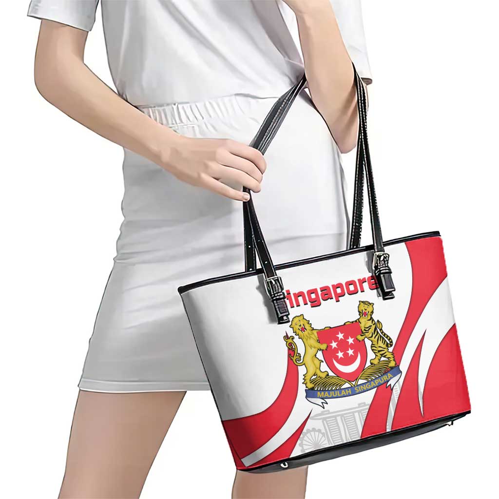 Singapore National Crest Leather Tote Bag with City Skyline and Lion Design