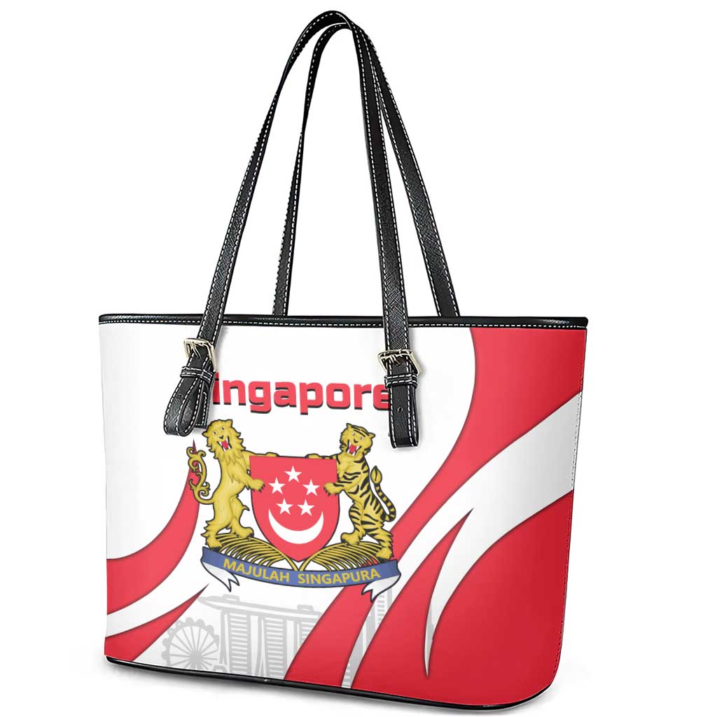 Singapore National Crest Leather Tote Bag with City Skyline and Lion Design