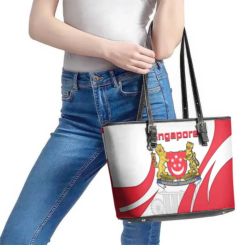 Singapore National Crest Leather Tote Bag with City Skyline and Lion Design