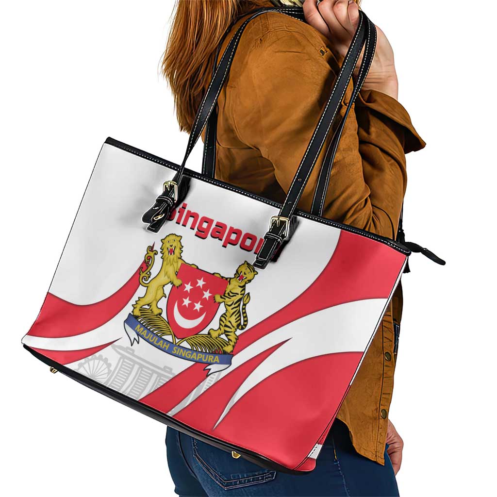 Singapore National Crest Leather Tote Bag with City Skyline and Lion Design