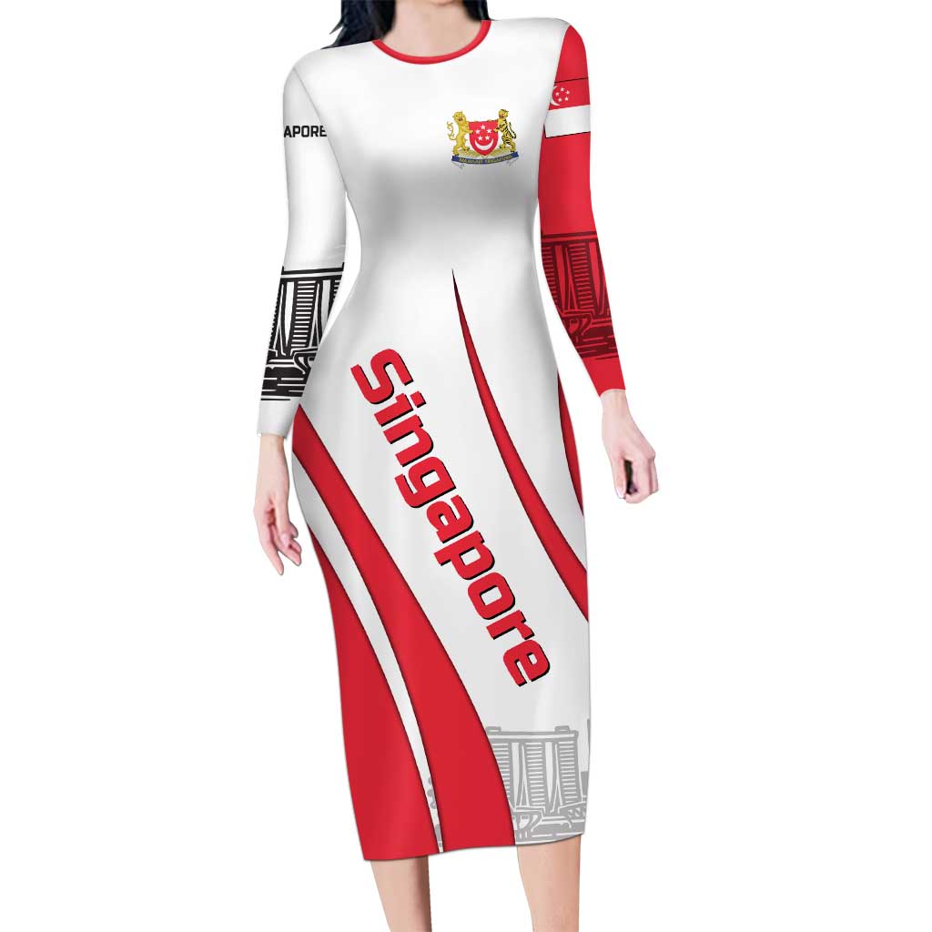 Singapore National Crest Long Sleeve Bodycon Dress with City Skyline and Lion Design