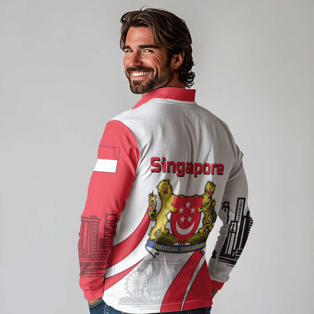 Singapore National Crest Long Sleeve Polo Shirt with City Skyline and Lion Design