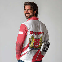 Singapore National Crest Long Sleeve Polo Shirt with City Skyline and Lion Design