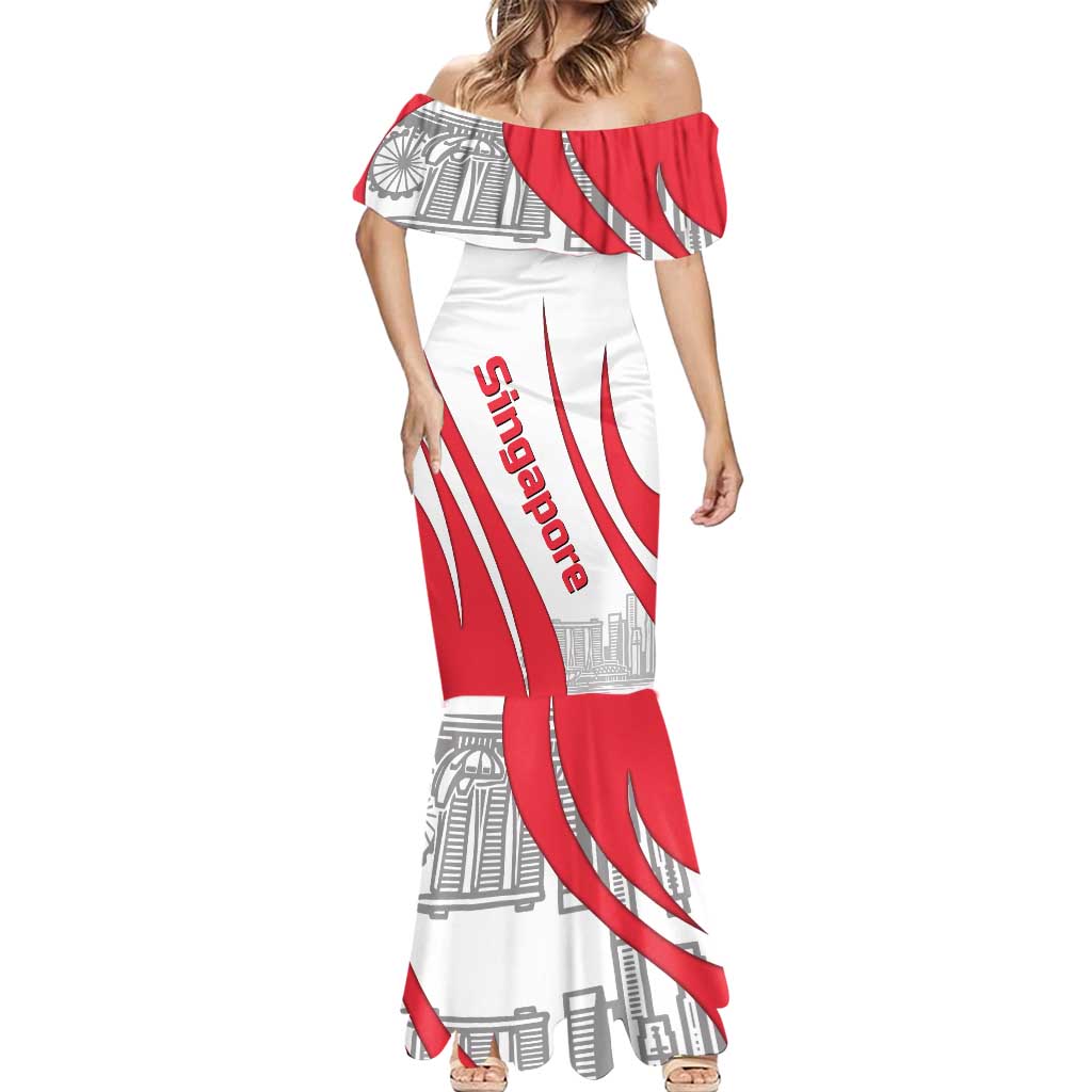 Singapore National Crest Mermaid Dress with City Skyline and Lion Design