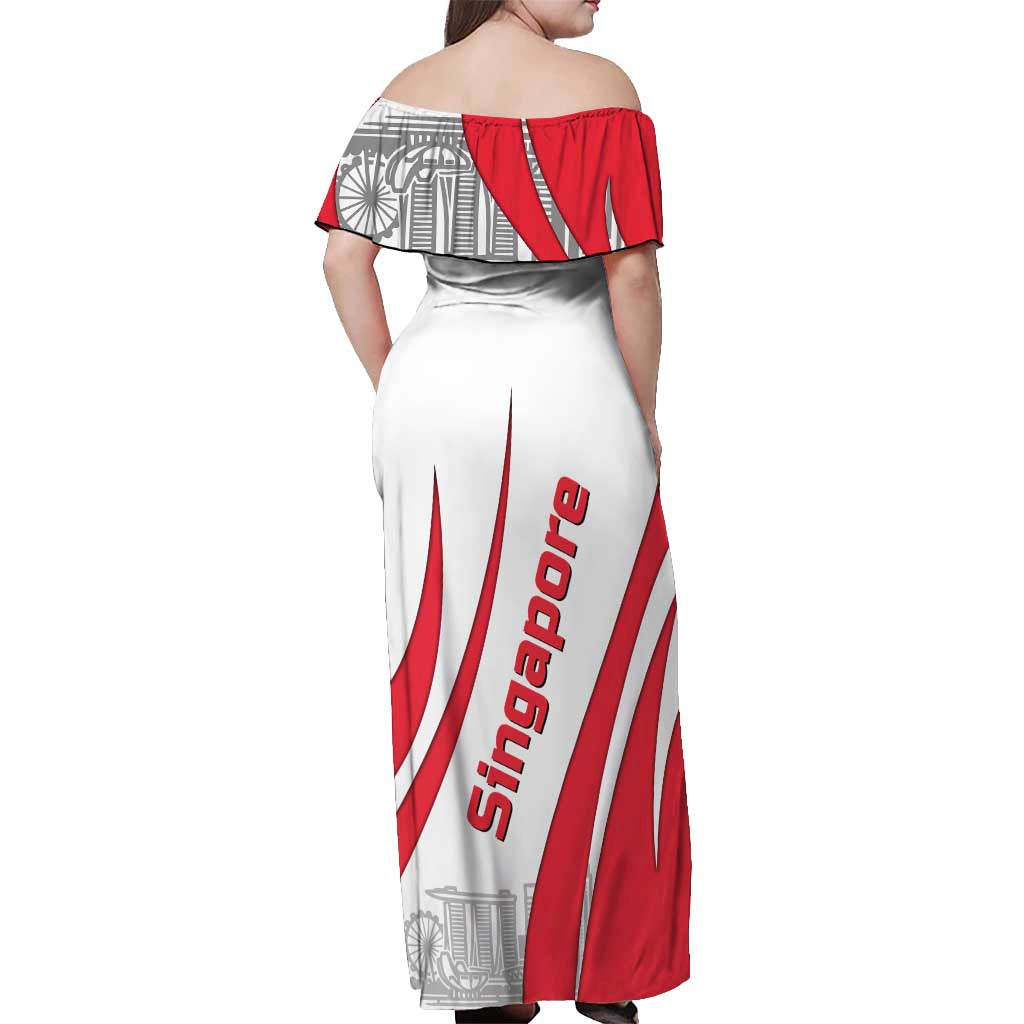 Singapore National Crest Off Shoulder Maxi Dress with City Skyline and Lion Design
