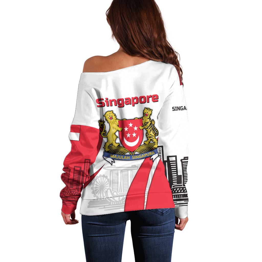 Singapore National Crest Off Shoulder Sweater with City Skyline and Lion Design