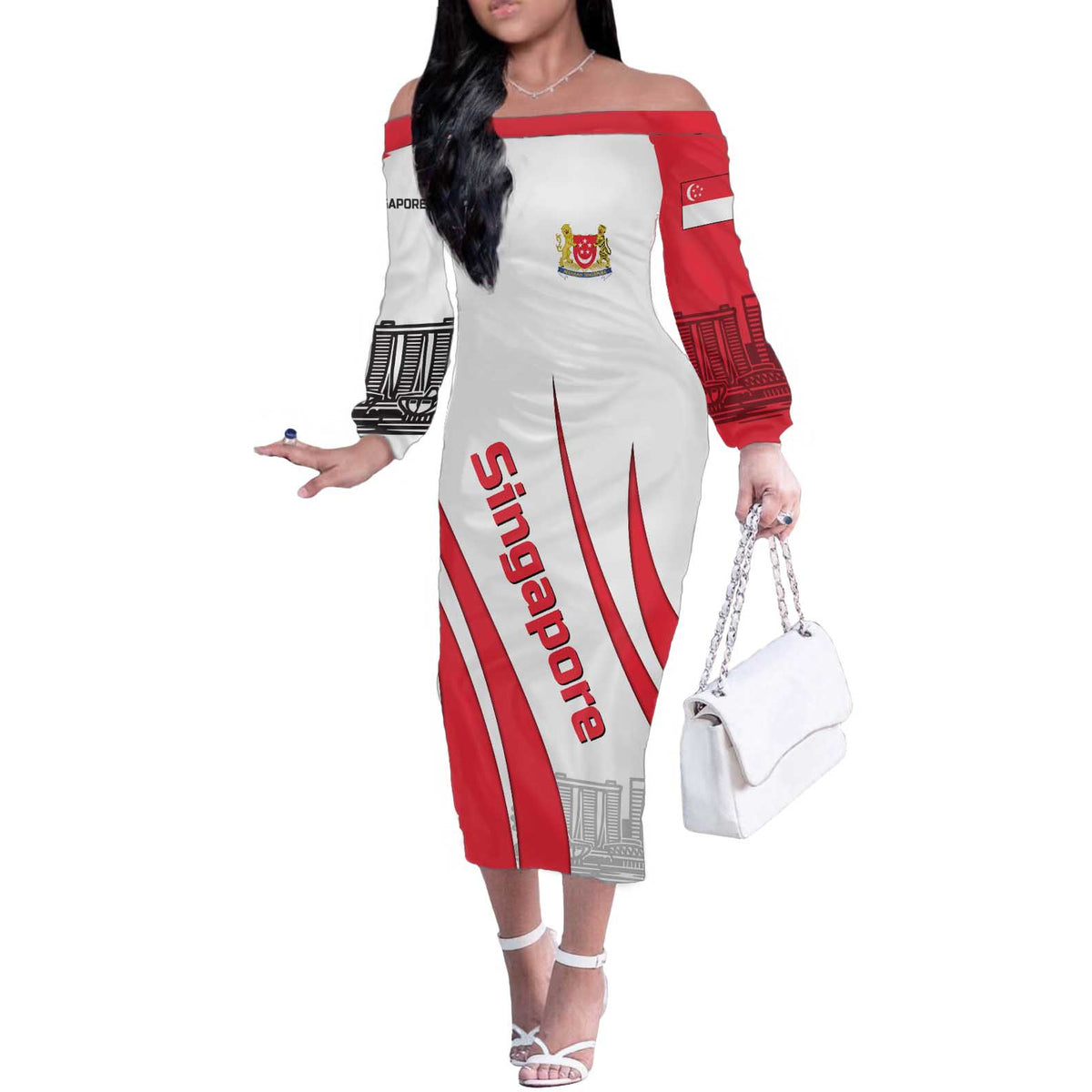 Singapore National Crest Off The Shoulder Long Sleeve Dress with City Skyline and Lion Design