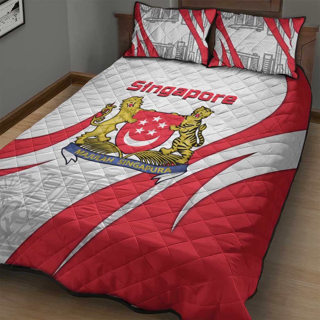 Singapore National Crest Quilt Bed Set with City Skyline and Lion Design