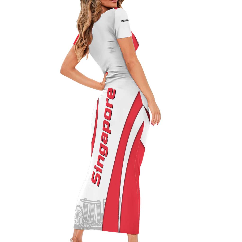 Singapore National Crest Short Sleeve Bodycon Dress with City Skyline and Lion Design