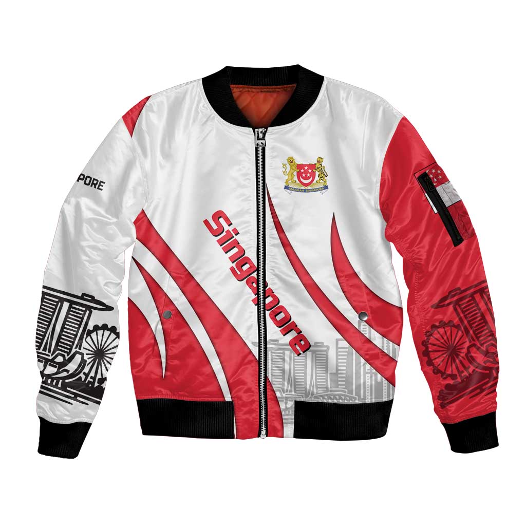 Singapore National Crest Sleeve Zip Bomber Jacket with City Skyline and Lion Design
