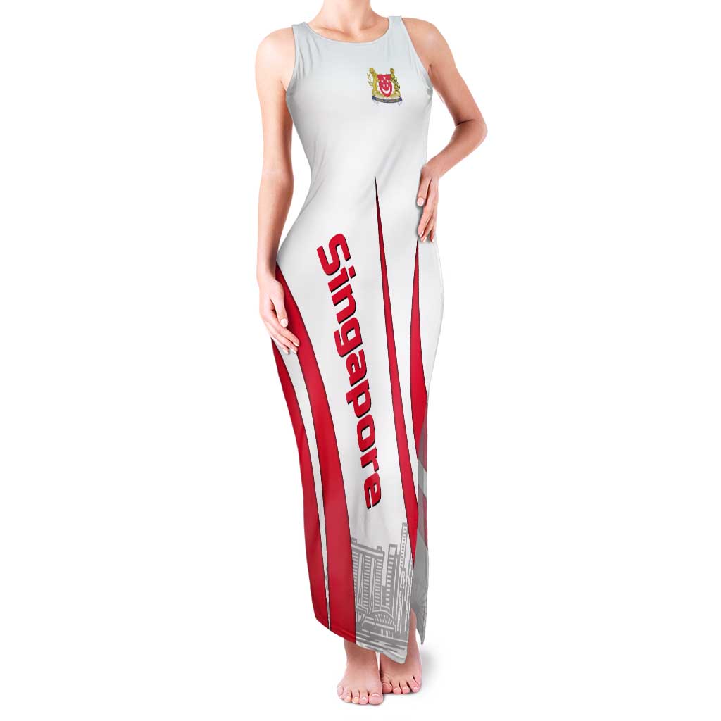 Singapore National Crest Tank Maxi Dress with City Skyline and Lion Design