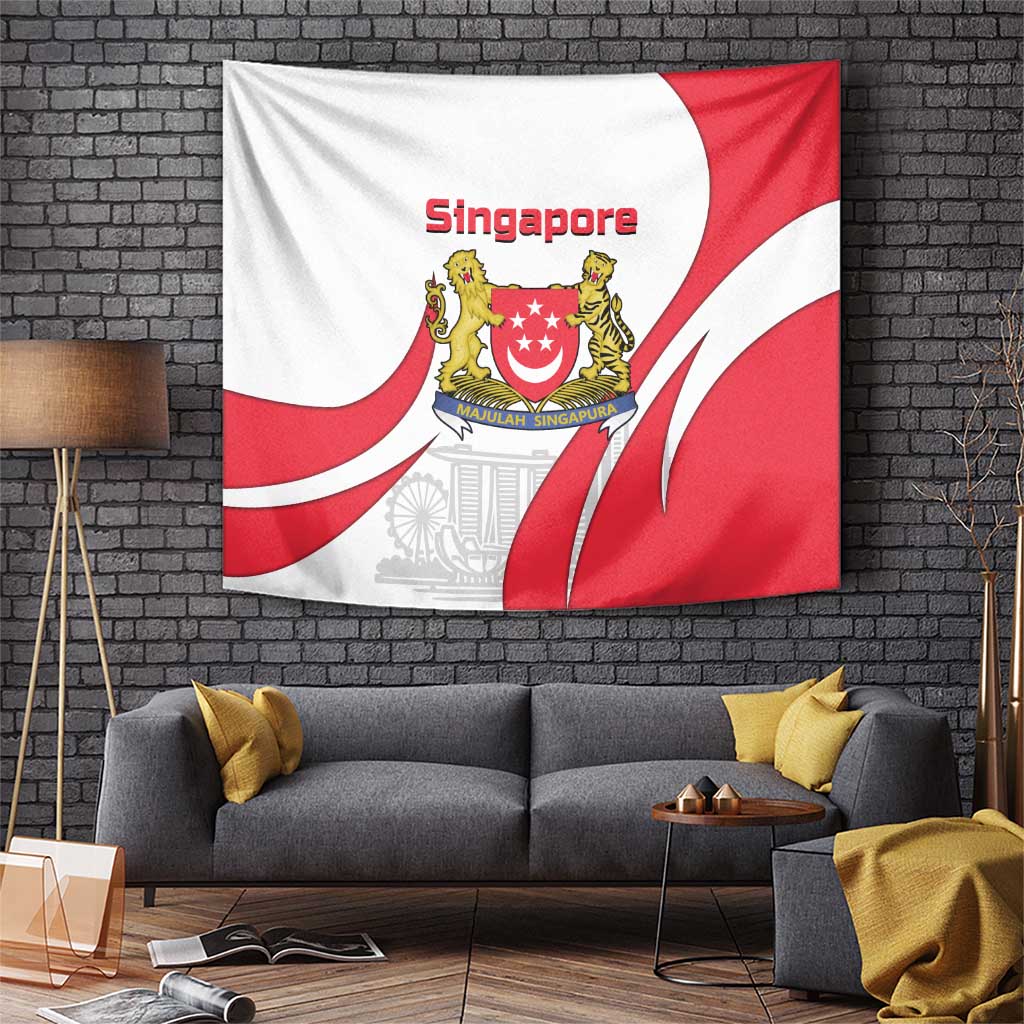 Singapore National Crest Tapestry with City Skyline and Lion Design