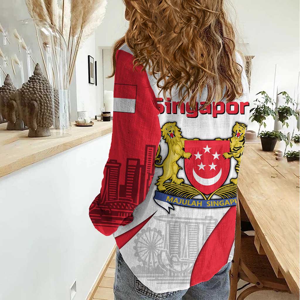 Singapore National Crest Women Casual Shirt with City Skyline and Lion Design