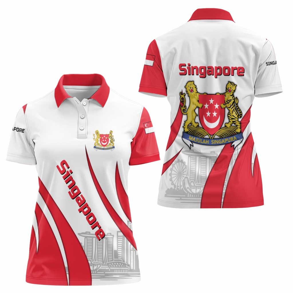 Singapore National Crest Women Polo Shirt with City Skyline and Lion Design