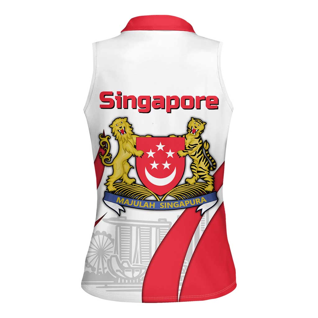 Singapore National Crest Women Sleeveless Polo Shirt with City Skyline and Lion Design