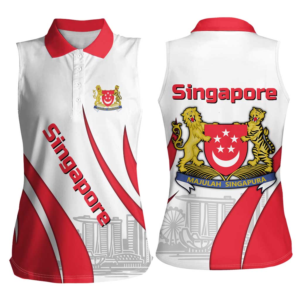Singapore National Crest Women Sleeveless Polo Shirt with City Skyline and Lion Design