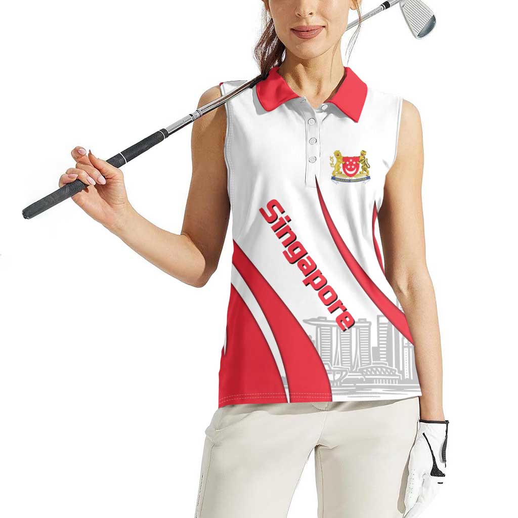 Singapore National Crest Women Sleeveless Polo Shirt with City Skyline and Lion Design