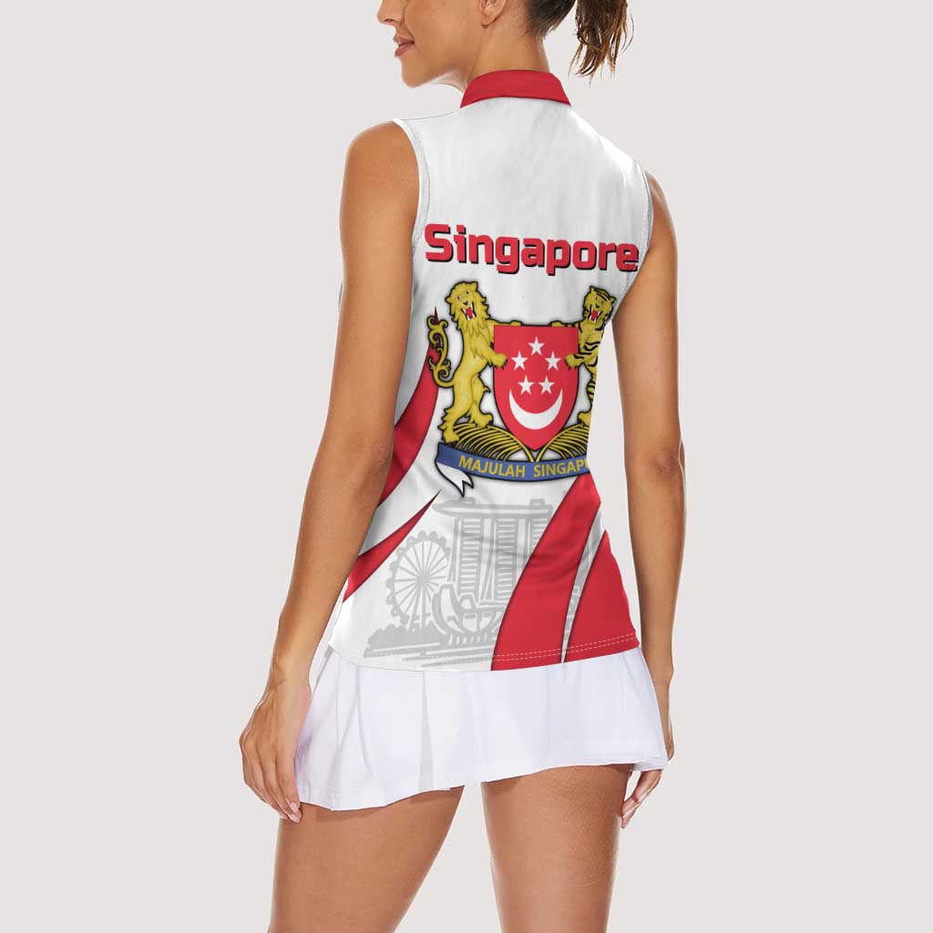 Singapore National Crest Women Sleeveless Polo Shirt with City Skyline and Lion Design