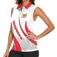 Singapore National Crest Women Sleeveless Polo Shirt with City Skyline and Lion Design