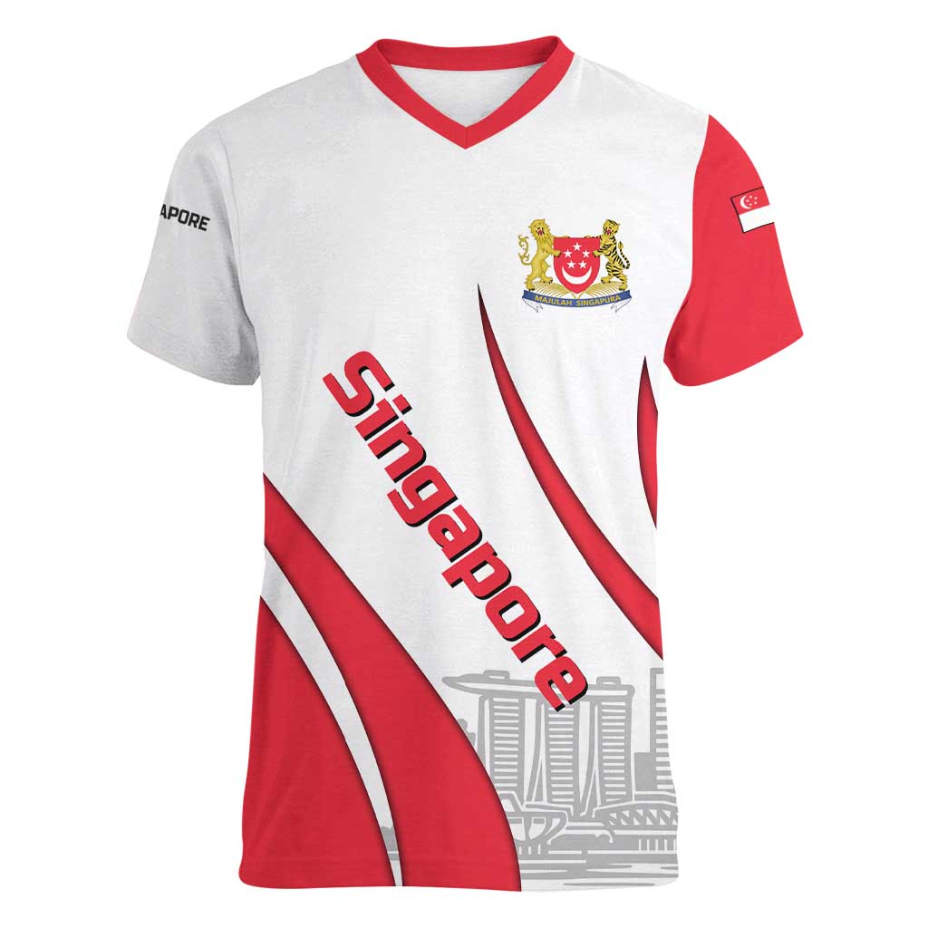 Singapore National Crest Women V-Neck T-Shirt with City Skyline and Lion Design