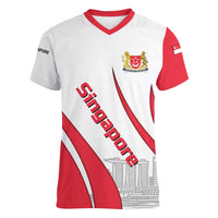 Singapore National Crest Women V-Neck T-Shirt with City Skyline and Lion Design