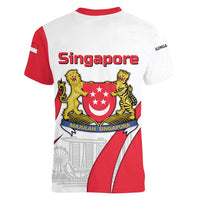 Singapore National Crest Women V-Neck T-Shirt with City Skyline and Lion Design