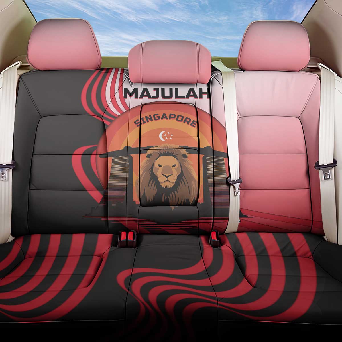 Singapore Lion Back Car Seat Cover with Sunset Marina Bay Design and National Flag