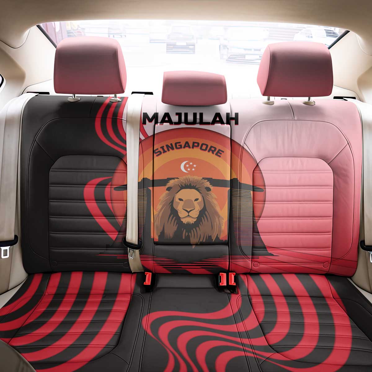 Singapore Lion Back Car Seat Cover with Sunset Marina Bay Design and National Flag
