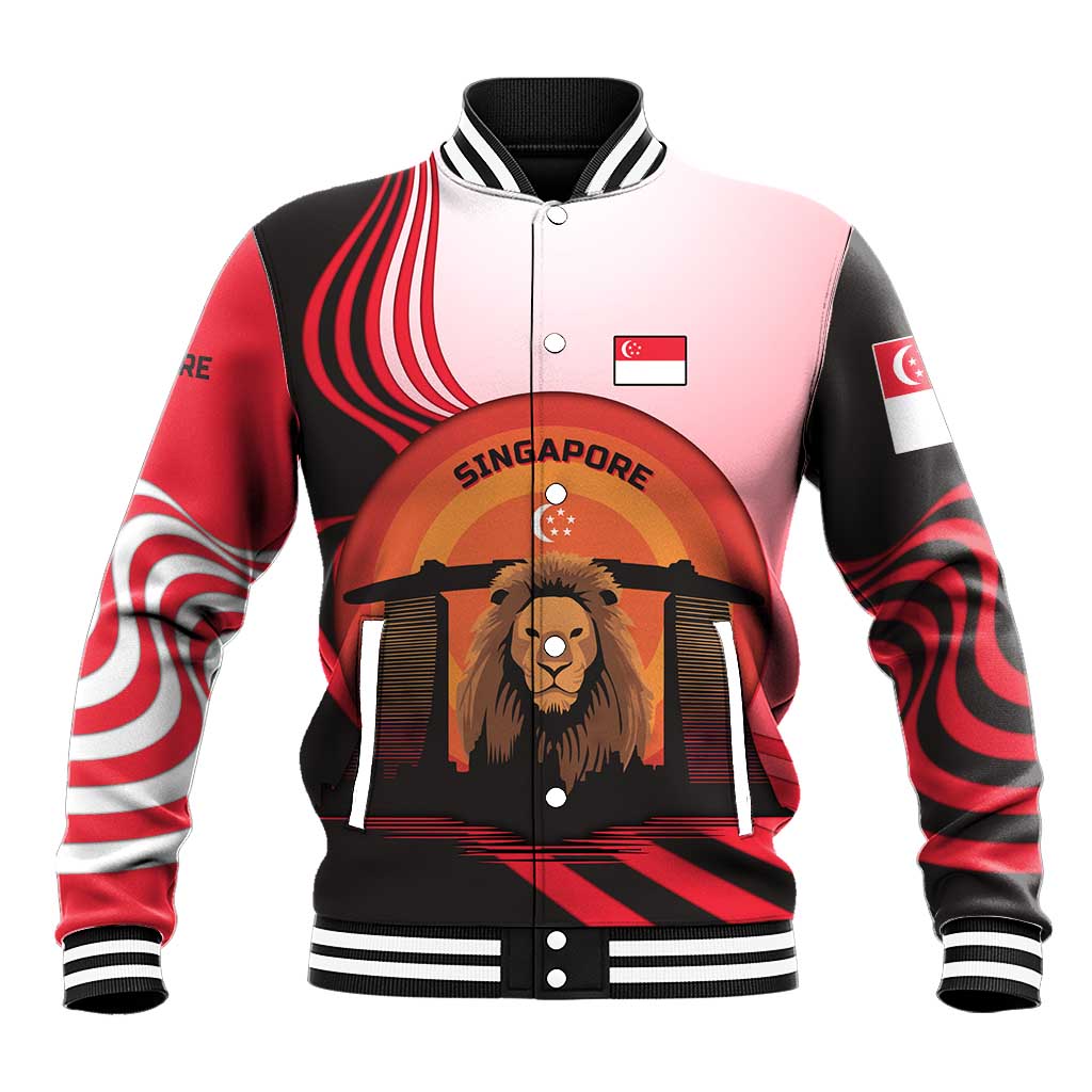 Singapore Lion Baseball Jacket with Sunset Marina Bay Design and National Flag
