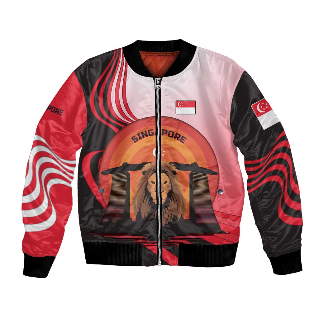 Singapore Lion Bomber Jacket with Sunset Marina Bay Design and National Flag