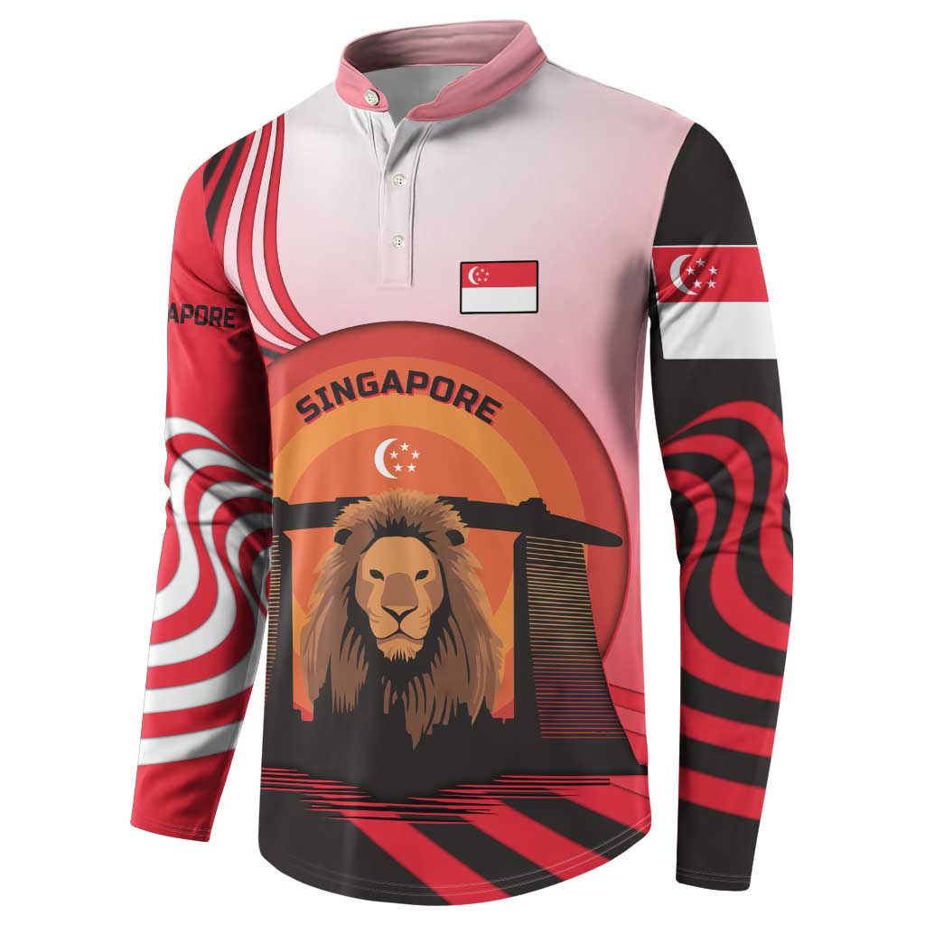 Singapore Lion Button Sweatshirt with Sunset Marina Bay Design and National Flag
