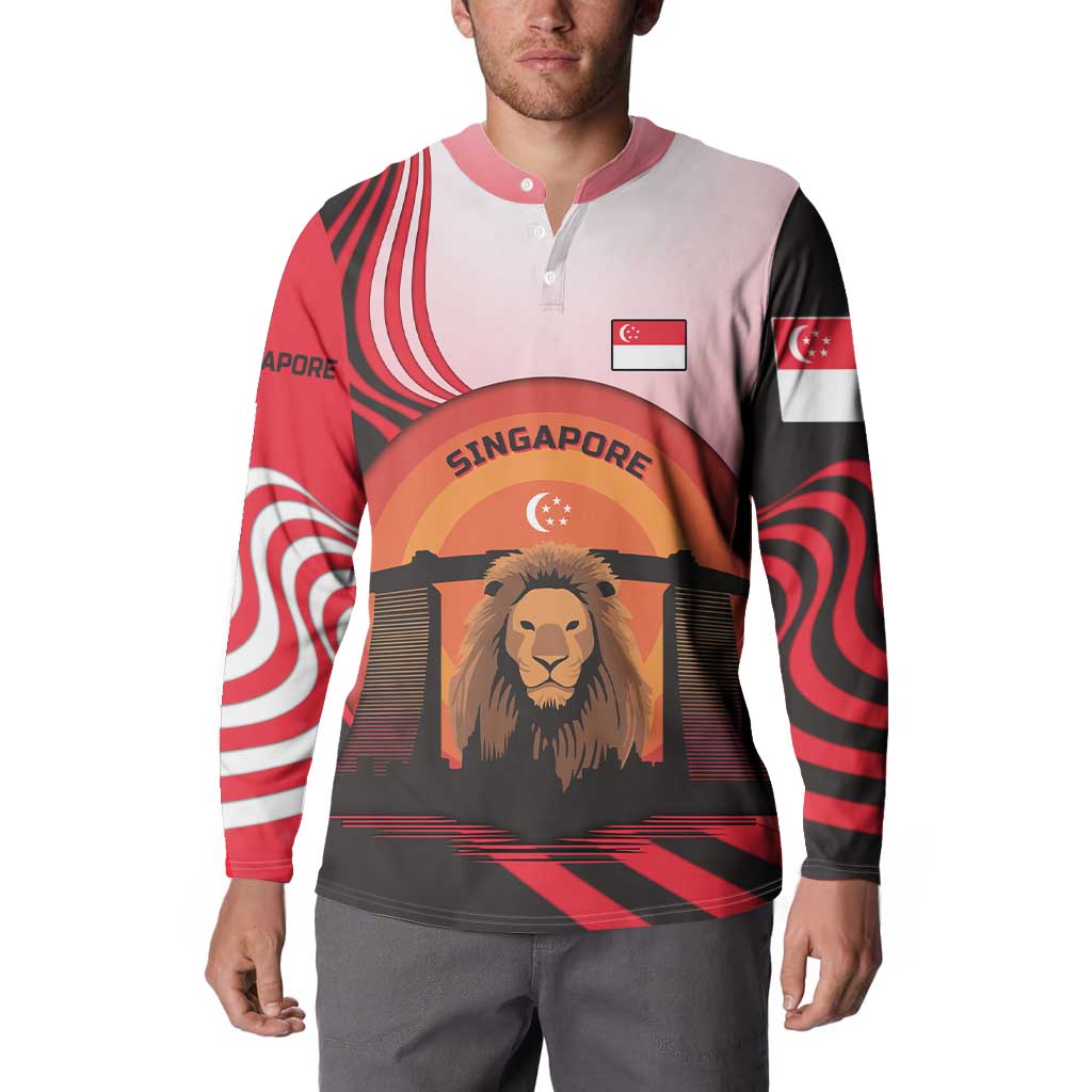 Singapore Lion Button Sweatshirt with Sunset Marina Bay Design and National Flag