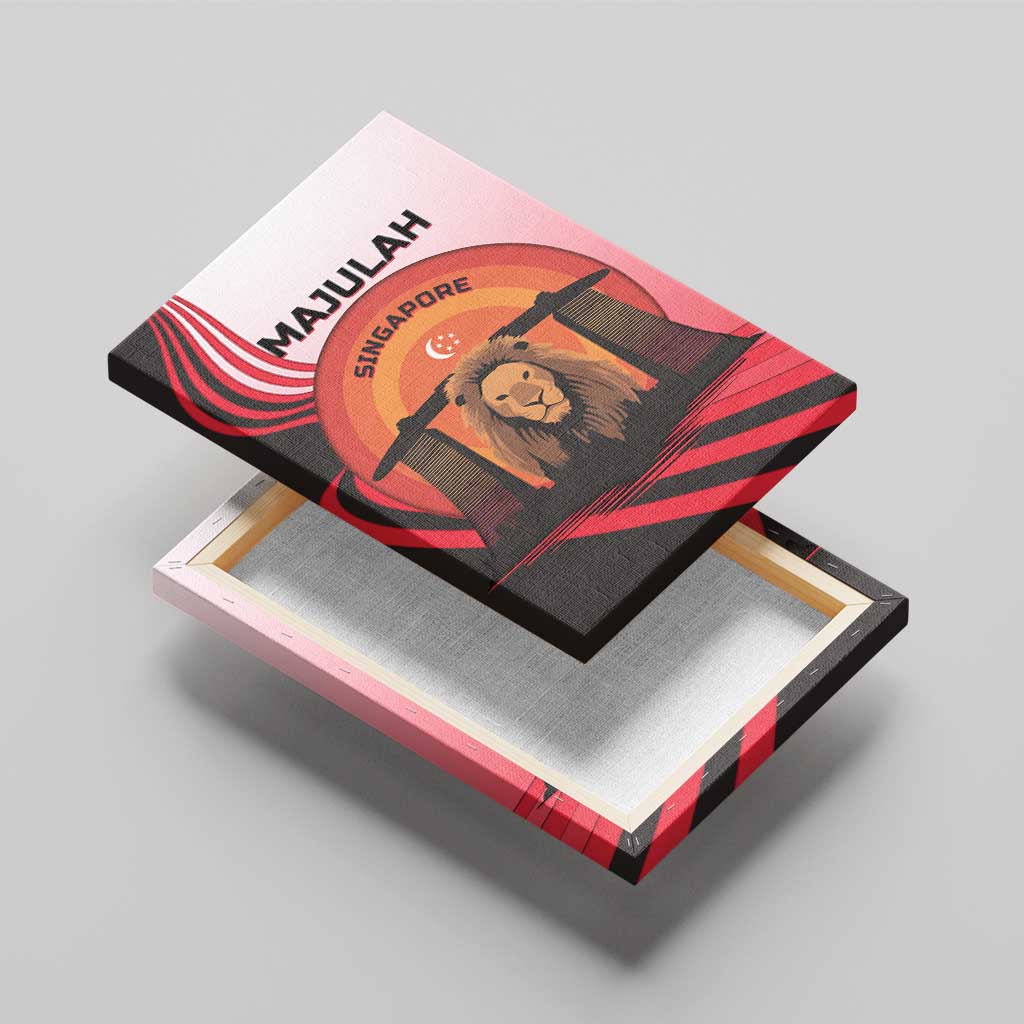 Singapore Lion Canvas Wall Art with Sunset Marina Bay Design and National Flag