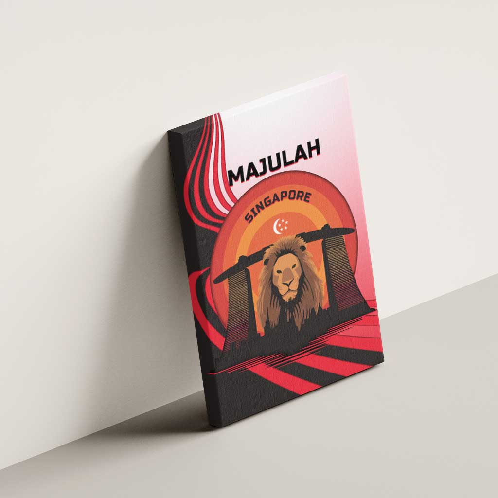 Singapore Lion Canvas Wall Art with Sunset Marina Bay Design and National Flag