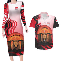 Singapore Lion Couples Matching Long Sleeve Bodycon Dress and Hawaiian Shirt with Sunset Marina Bay Design and National Flag