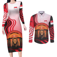 Singapore Lion Couples Matching Long Sleeve Bodycon Dress and Long Sleeve Button Shirt with Sunset Marina Bay Design and National Flag