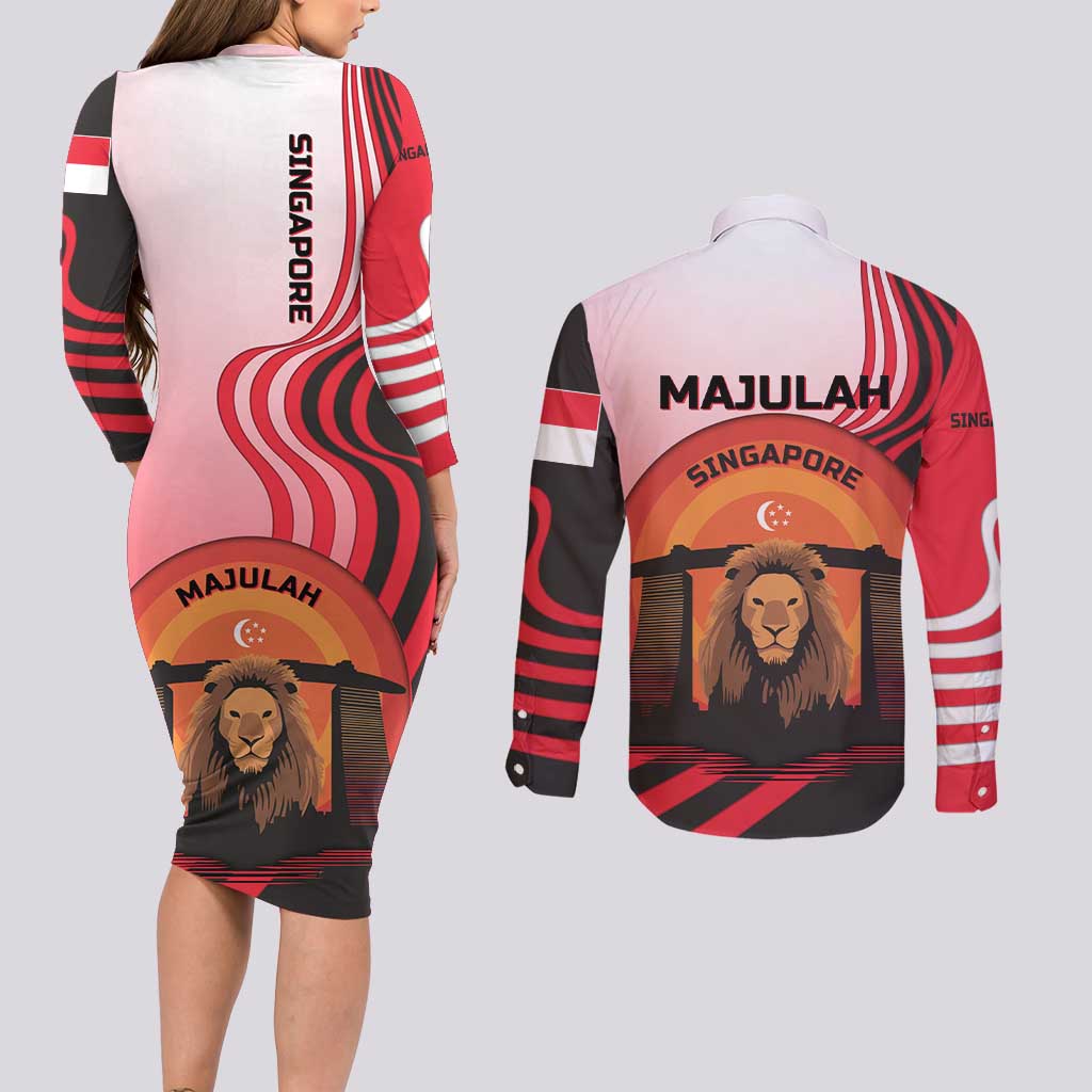 Singapore Lion Couples Matching Long Sleeve Bodycon Dress and Long Sleeve Button Shirt with Sunset Marina Bay Design and National Flag